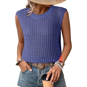 Dokotoo Womens Casual Crewneck Sleeveless Sweaters Vest Loose Crochet Hollow Out Knit Beach Swimsuit Cover Ups