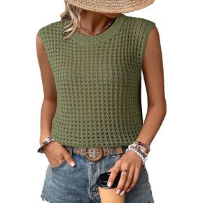 Dokotoo Womens Casual Crewneck Sleeveless Sweaters Vest Loose Crochet Hollow Out Knit Beach Swimsuit Cover Ups