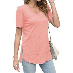 Womens Summer Tops Short Sleeve Blouses V Neck Shirts Side Slit Tshirts