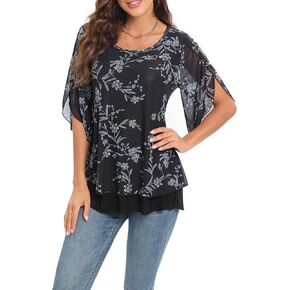 Ruffle 3/4 Sleeve Mesh Blouses Scoop Neck Trendy Dressy Elegant Flowy Tops