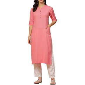ladyline Women's Pure Cotton Plain Tunic Top with 3/4 Sleeves, Roll-up Button Neck, Pocket, Long Kurti Kurta (Peach-46) in Kuwait