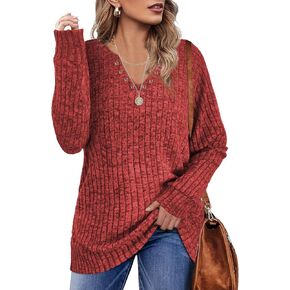 بلايز نسائية موضة خريف 2023 سويت شيرت للنساء سترات قمصان طويلة الأكمام رقبة على شكل حرف V ملابس للسيدات بلوزات كاجوال أنيقة تونيك عصري أحمر X-Large in Kuwait