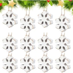 Soaoo 12 Pcs Winter Snowflake Wooden Ornaments 2.4 Inch Country Star Rustic Wood Hanging Decorations with Rope Small Farmhouse Distressed Xmas Tree Decor for Holiday Party Gifts(Snowflake)