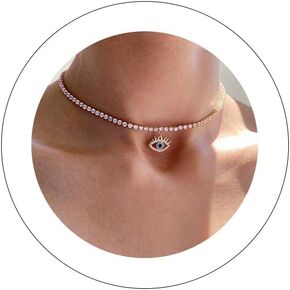 Evil Eye Necklaces 14K Gold Dainty Amber Eye Necklaces Vintage Cubic Zirconia Inlay Evil Eye Necklace Boho Pearl Evil Eye Jewelry for Women