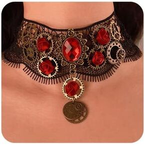 Chargances Gothic Black Lace Choker Red Crystal Flower Necklace Vampire Royal Gear Clock Pendant Thick Collar Halloween Costume Jewelry Party Accessories for Women (Style 3)