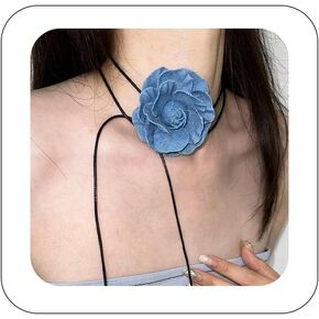 Vintage Flower Choker Necklace for Women Blue Denim Choker Handmade Rose Choker Flower Necklace Jewelry for Women Teen Gril