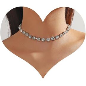 Xerling Short Tennis Choker Necklace Silver Chain Collar Choker Big Rhinestone Bridal Choker Jewelry Necklace for Women Wedding