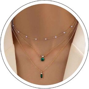 Bohemian Layered Emerald Pearl Choker Necklace Small Emerald Crystal Pendant Necklace Gold Pearl Satellite Chain Necklace Green Emerald Geometric Collar Necklace Jewelry for Women