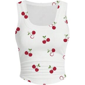 WDIRARA Women's Cherry Print Curve Hem Tank Top Sleeveless Scoop Neck Rib Knit Shirts