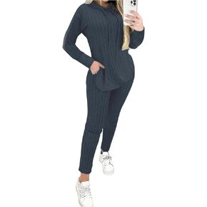 Women's 2 Piece Tracksuits Ribbed Knit Long Sleeve Drawstring Hoodies and Pants Set