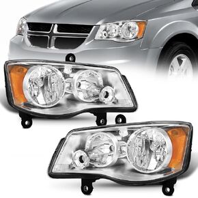 Headlight Assembly Fit for 2011-2018 Grand Caravan 2011 2012 2013 2014 2015 2016 2017 2018 Grand Caravan Driver Side and Passenger Side (Chrome Housing Amber Reflector)
