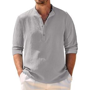 COOFANDY Men's Casual Henley Shirt Band Collar Long Sleeve Shirt Beach Hippie Summer Button T Shirt