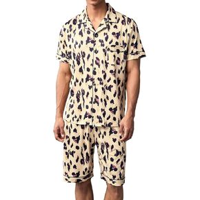 OYOANGLE Men's 2 Piece Leopard Print Pajama Set Short Sleeve Button Down Sleepwear Lounge Sets