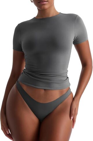 BEGOING Women’s Double Lined Short Sleeve Tops Scroop Neck Slim Fitted Crop Tops Basic Summer Trendy Y2K Tee Shirts in Saudi Arabia