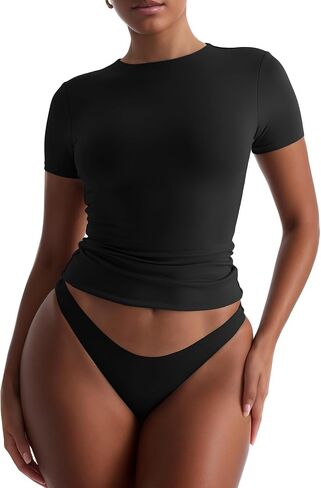 BEGOING Women’s Double Lined Short Sleeve Tops Scroop Neck Slim Fitted Crop Tops Basic Summer Trendy Y2K Tee Shirts in Saudi Arabia