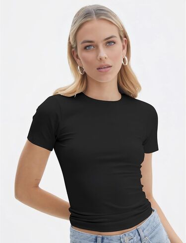 BEGOING Women’s Double Lined Short Sleeve Tops Scroop Neck Slim Fitted Crop Tops Basic Summer Trendy Y2K Tee Shirts in Saudi Arabia