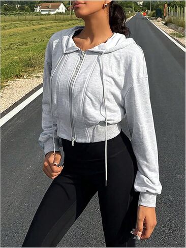 سويت شيرت نسائي قصير بغطاء للرأس من MakeMeChic وأكمام طويلة ورباط in Saudi Arabia