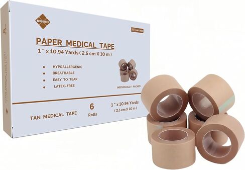 Hypoallergenic Soft Paper Medical Tape, 1/2inchX10.94Yards (6Rolls), Self Adhesive Tan Surgical Tape, Breathable and Medical Grade, Perfect for Sensitive Skin Wound Care, Individually Pack in Saudi Arabia