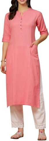 ladyline Women's Pure Cotton Plain Tunic Top with 3/4 Sleeves, Roll-up Button Neck, Pocket, Long Kurti Kurta (Peach-46) in Kuwait