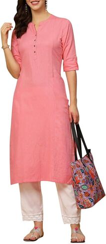 ladyline Women's Pure Cotton Plain Tunic Top with 3/4 Sleeves, Roll-up Button Neck, Pocket, Long Kurti Kurta (Peach-46) in Kuwait