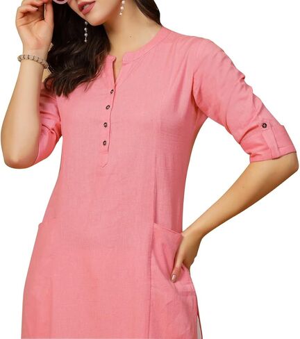 ladyline Women's Pure Cotton Plain Tunic Top with 3/4 Sleeves, Roll-up Button Neck, Pocket, Long Kurti Kurta (Peach-46) in Kuwait