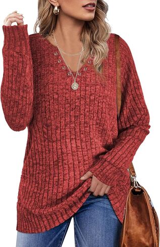 بلايز نسائية موضة خريف 2023 سويت شيرت للنساء سترات قمصان طويلة الأكمام رقبة على شكل حرف V ملابس للسيدات بلوزات كاجوال أنيقة تونيك عصري أحمر X-Large in Kuwait