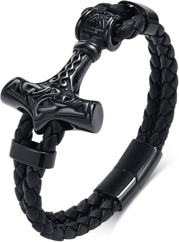 VNOX Viking Bracelet for Men - Genuine Leather Braided Viking Bracelets Vintage Thor's Hammer Wrap Cuff Wirstband Bracelets,Viking Jewelry for Men in Kuwait