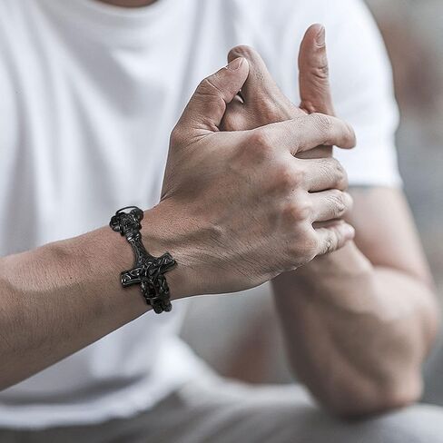 VNOX Viking Bracelet for Men - Genuine Leather Braided Viking Bracelets Vintage Thor's Hammer Wrap Cuff Wirstband Bracelets,Viking Jewelry for Men in Kuwait