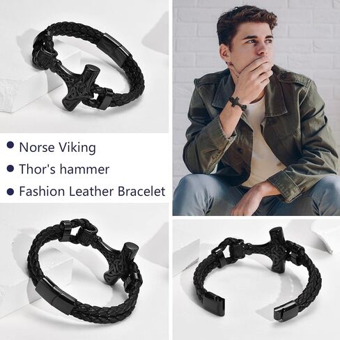 VNOX Viking Bracelet for Men - Genuine Leather Braided Viking Bracelets Vintage Thor's Hammer Wrap Cuff Wirstband Bracelets,Viking Jewelry for Men in Kuwait