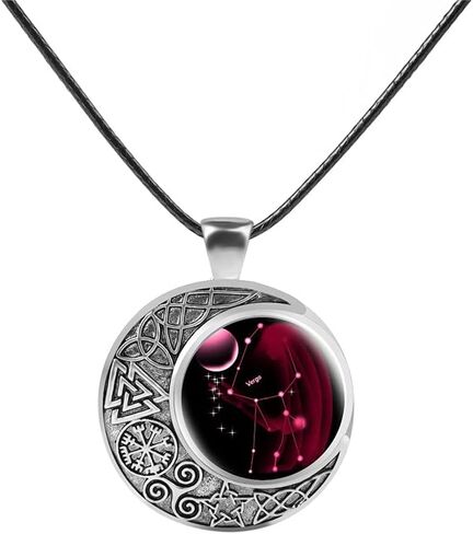 Viking Moon Constellation Necklace for Women Retro Zodiac Time Gemstone Crescent Moon Pendant Necklace Leather Men Teen Birthday Gift Jewelry in Kuwait