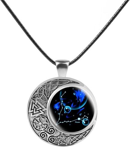 Viking Moon Constellation Necklace for Women Retro Zodiac Time Gemstone Crescent Moon Pendant Necklace Leather Men Teen Birthday Gift Jewelry in Kuwait