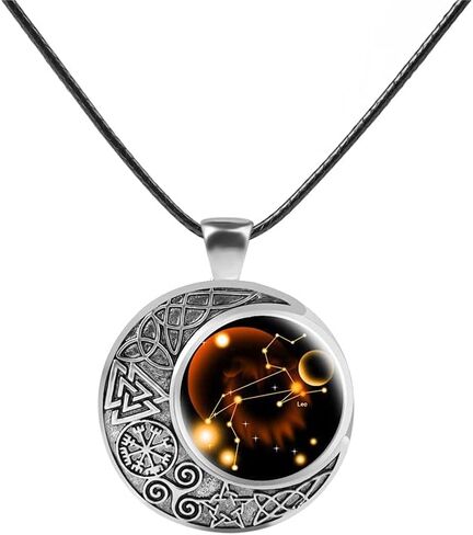 Viking Moon Constellation Necklace for Women Retro Zodiac Time Gemstone Crescent Moon Pendant Necklace Leather Men Teen Birthday Gift Jewelry in Kuwait