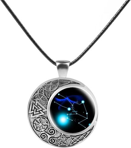 Viking Moon Constellation Necklace for Women Retro Zodiac Time Gemstone Crescent Moon Pendant Necklace Leather Men Teen Birthday Gift Jewelry in Kuwait