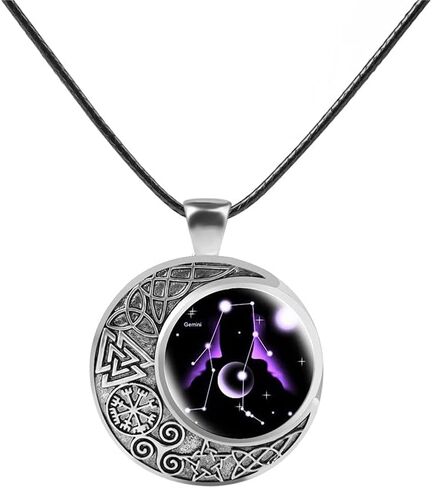Viking Moon Constellation Necklace for Women Retro Zodiac Time Gemstone Crescent Moon Pendant Necklace Leather Men Teen Birthday Gift Jewelry in Kuwait