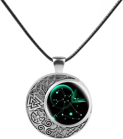 Viking Moon Constellation Necklace for Women Retro Zodiac Time Gemstone Crescent Moon Pendant Necklace Leather Men Teen Birthday Gift Jewelry in Kuwait
