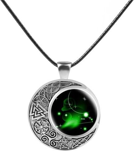 Viking Moon Constellation Necklace for Women Retro Zodiac Time Gemstone Crescent Moon Pendant Necklace Leather Men Teen Birthday Gift Jewelry in Kuwait