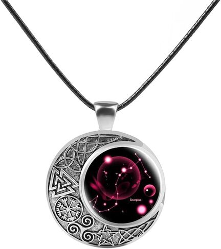 Viking Moon Constellation Necklace for Women Retro Zodiac Time Gemstone Crescent Moon Pendant Necklace Leather Men Teen Birthday Gift Jewelry in Kuwait