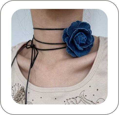 Vintage Flower Choker Necklace for Women Blue Denim Choker Handmade Rose Choker Flower Necklace Jewelry for Women Teen Gril in Saudi Arabia