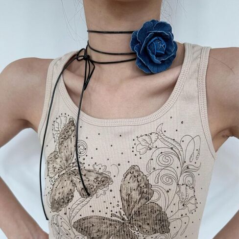 Vintage Flower Choker Necklace for Women Blue Denim Choker Handmade Rose Choker Flower Necklace Jewelry for Women Teen Gril in Saudi Arabia