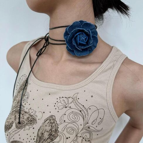 Vintage Flower Choker Necklace for Women Blue Denim Choker Handmade Rose Choker Flower Necklace Jewelry for Women Teen Gril in Saudi Arabia