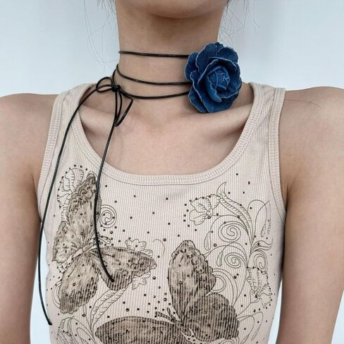 Vintage Flower Choker Necklace for Women Blue Denim Choker Handmade Rose Choker Flower Necklace Jewelry for Women Teen Gril in Saudi Arabia