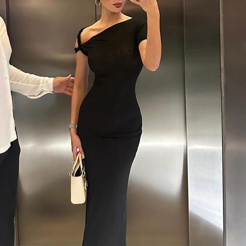 Women Bodycon Maxi Dress Asymmetrical Twist One Shoulder Long Dress Party Cocktail Formal Dresses in Saudi Arabia