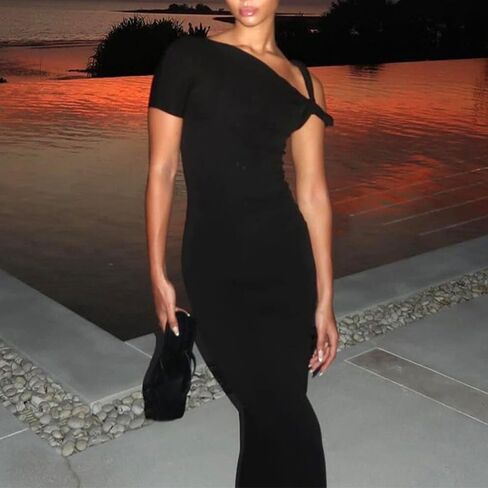 Women Bodycon Maxi Dress Asymmetrical Twist One Shoulder Long Dress Party Cocktail Formal Dresses in Saudi Arabia