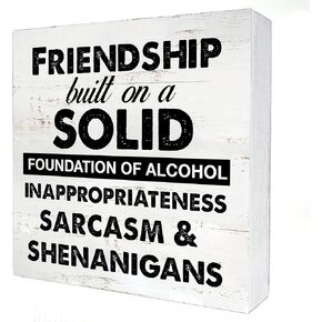 Funny Friendship Wooden Box Sign Desk Decor Friendship Built on a Solid Wood Block Plaque Box Signs with Quotes Rustic Box Sign for Home Living Room Office Shelf Table Decoration (5 X 5 Inch)