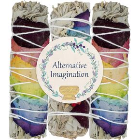 White Sage Sticks with Chakra Rose Petals - Natural Incense Sticks for Spiritual Cleansing, Home Fragrance, Witchcraft Supplies - 4" Long Bundles - Pack of 3 - Alternative Imagination,