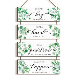 Glenmal 4 Pieces Wooden Inspirational Wall Art Motivational Office Wall Decor Positive Wood Wall Signs with Sayings Greenery Wood Quotes Wall Decor Rustic Wood Hanging Wall Plaque for Home Living Room