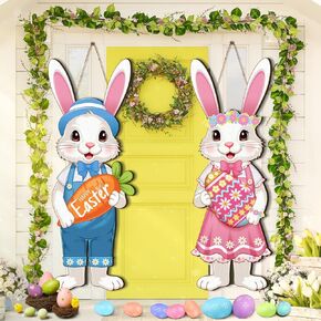 2 Pcs Easter Rabbit Hanging Sign Easter Wooden Front Door Decorations Large Hanging Bunny Hanger for Front Door Spring Bunny Porch Signs Holding Carrots Eggs for Home Indoor Outdoor