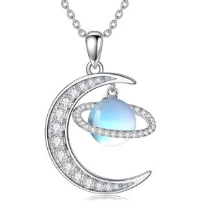 Crescent Moon Saturn Pendant Necklace Sterling Silver, Dainty Moonstone Necklaces Celestial Jewelry for Women