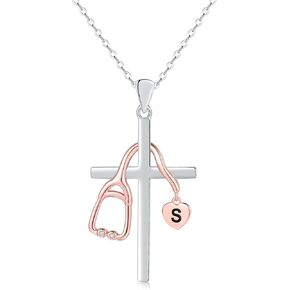 Initial Stethoscope Medicine 925 Sterling Sliver Heart Women Necklace Nurses Week Jewelry Gift for Medical Student Doctor Nurse Dainty Christian Necklace religious cross Gift