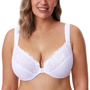 DELIMIRA Women's Front Closure Bras Plus Size Lace Full Coverage Underwire Unlined Bra